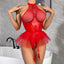 Secretwhisperss Patent leather mesh patchwork halter neck bra mesh tulle puffy skirt garter jumpsuit