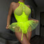 Secretwhisperss Patent leather mesh patchwork halter neck bra mesh tulle puffy skirt garter jumpsuit