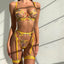 Secretwhisperss Sexy See-through Yellow Pastoral Floral Bra Garter T-Back with Leg Rings Three-piece Set