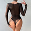 Secretwhisperss Women's mesh long sleeve hollow see-through stitching halter neck V-neck jumpsuit