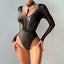 Secretwhisperss Women's mesh long sleeve hollow see-through stitching halter neck V-neck jumpsuit