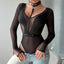 Secretwhisperss Women's mesh long sleeve hollow see-through stitching halter neck V-neck jumpsuit