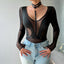 Secretwhisperss Women's mesh long sleeve hollow see-through stitching halter neck V-neck jumpsuit