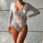 Secretwhisperss Women's mesh long sleeve hollow see-through stitching halter neck V-neck jumpsuit