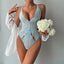 Secretwhisperss Light blue French thin lace underwear sexy V-neck halter neck back hollow fun see-through jumpsuit